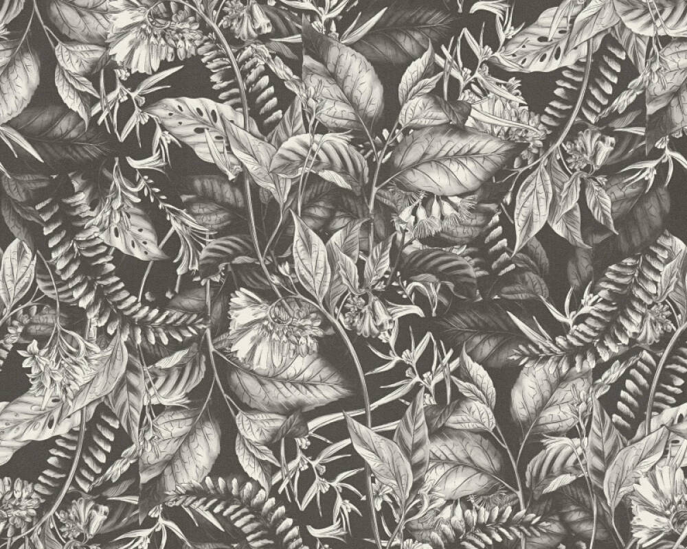 Vliesové tapety šedobiele listy a kvety na tmavom pozadí, 39425-2 Drawn into Nature